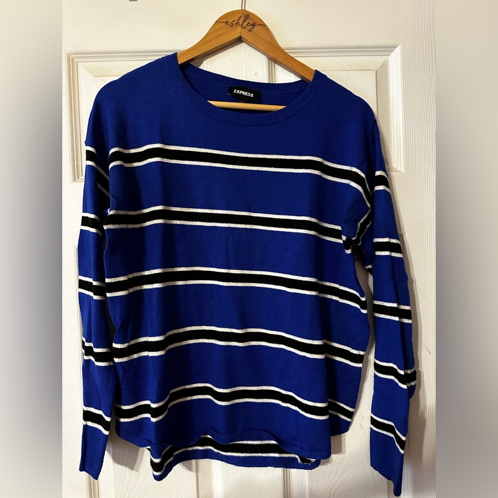 Express Royal Blue and White Striped Crewneck Sweater